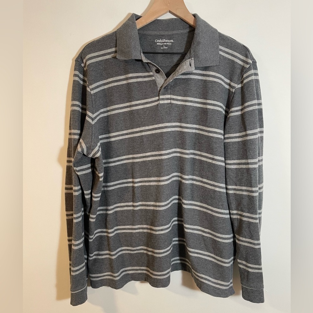 Croft & Barrow Signature Polo Long Sleeve Gray White Stripe Size Large
